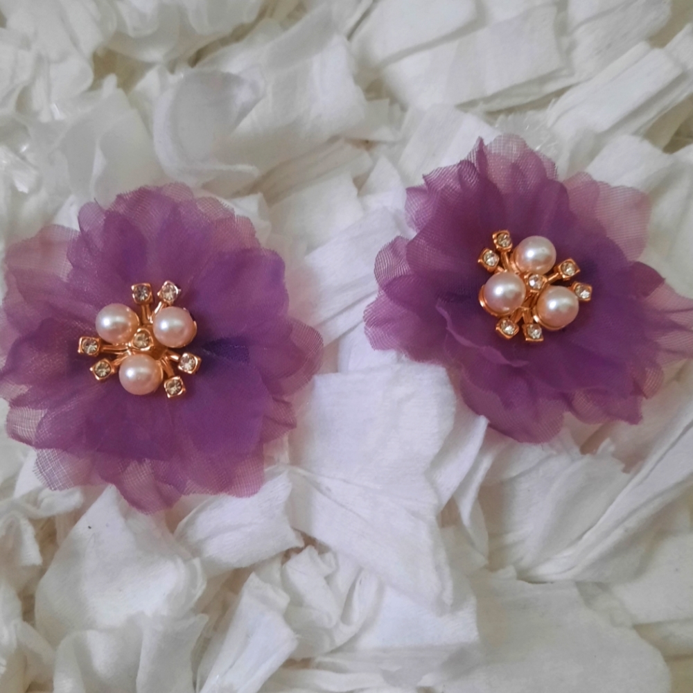 Tulle & Jewel Purple Floral Hair Bow Pair NWOT Set Flower Bows - Picture 1 of 4